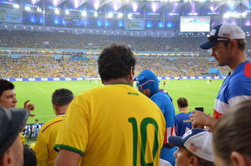 June 28, 2014 Captain America is spotted at Match 50 in Rio de Janeiro-Colombia v Uruguay